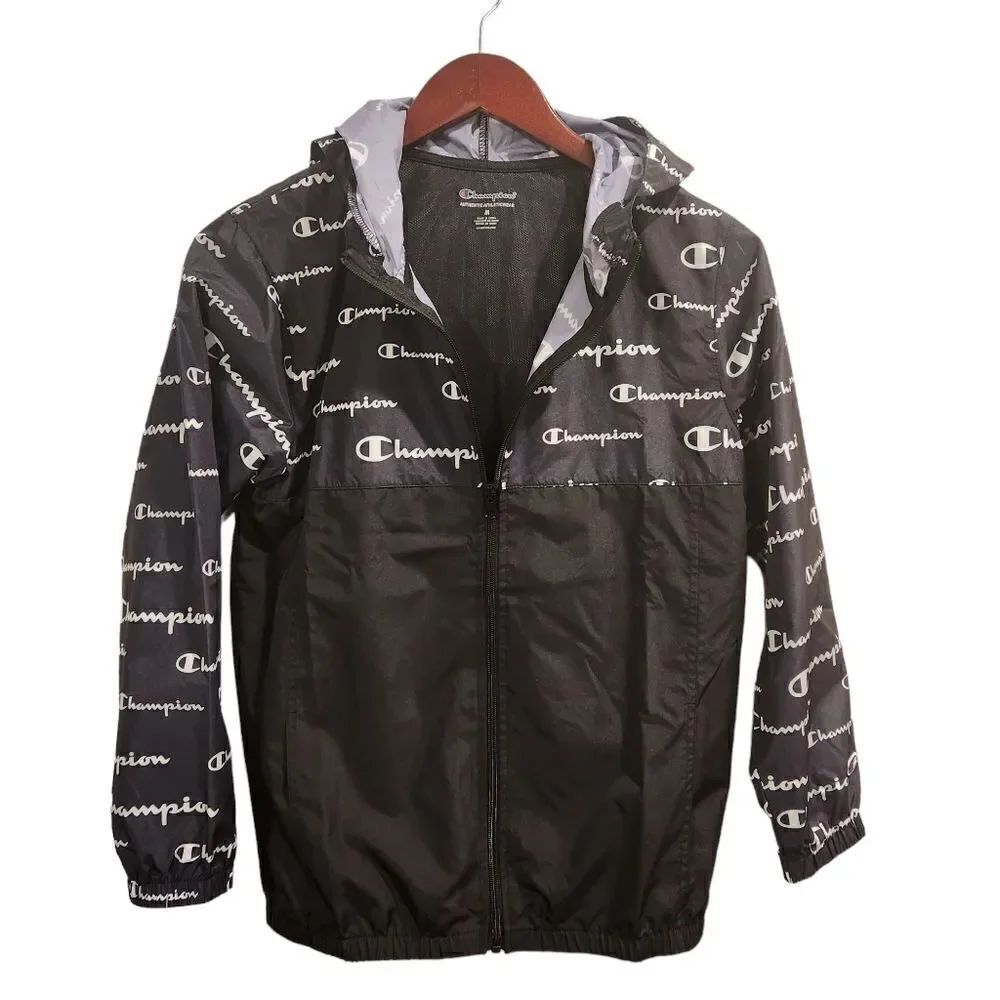 Champions Logo Windbreaker Jacket Zip up Hooded Black White Medium Kids